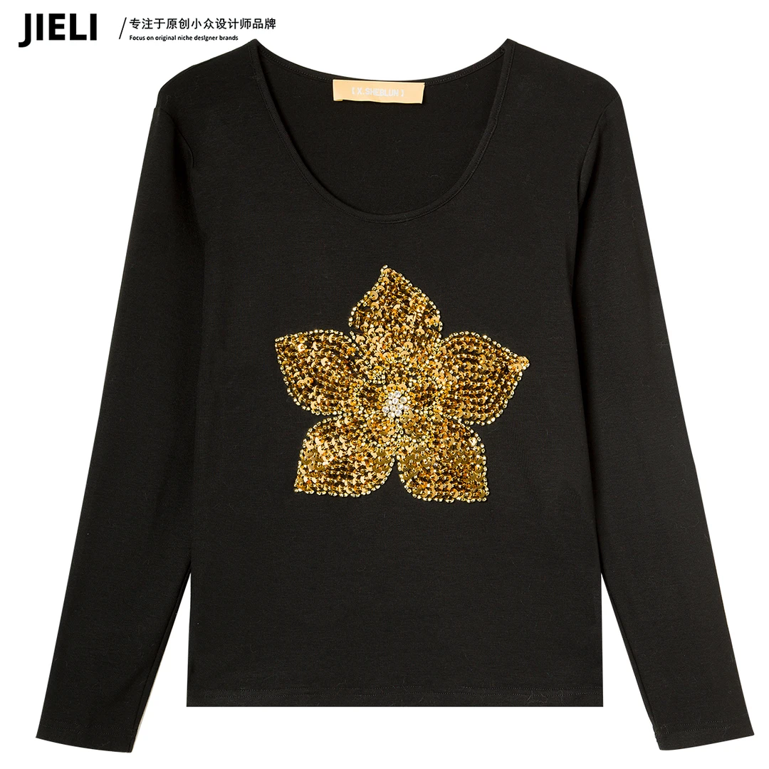 JIE LI/街力设计感小众减龄百搭显瘦色花朵黑色打底女W291