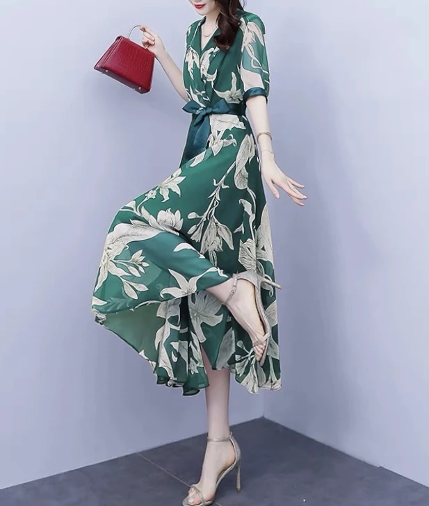 春季高端气质时尚长袖优雅乔其纱连衣裙轻奢显瘦侧柜【2234#-绿色】