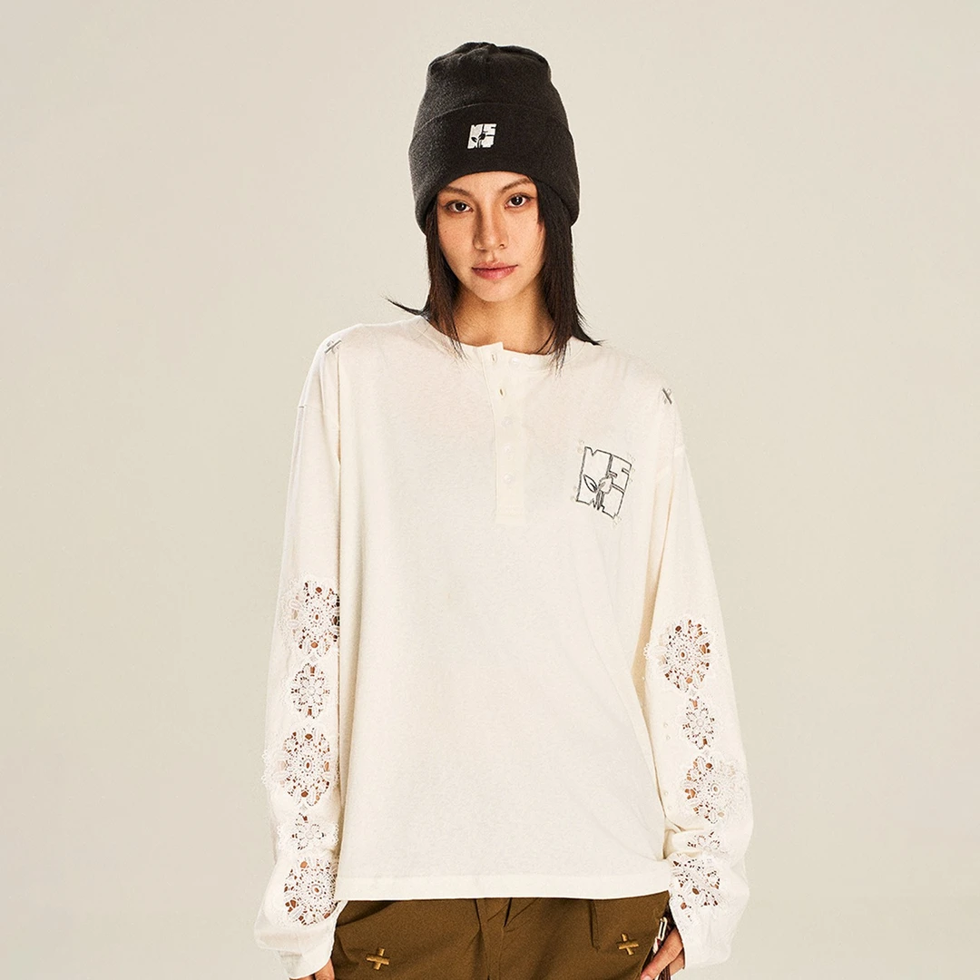 NSTNEW START发芽计划蕾丝面料拼接慵懒感休闲宽松长袖罩衫T恤