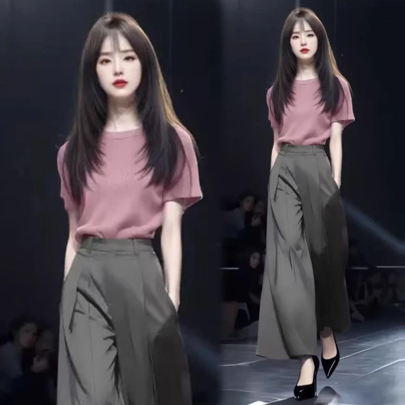 时尚套装女2025夏季新款时髦洋气短袖T恤高腰阔腿裤气质两件套潮