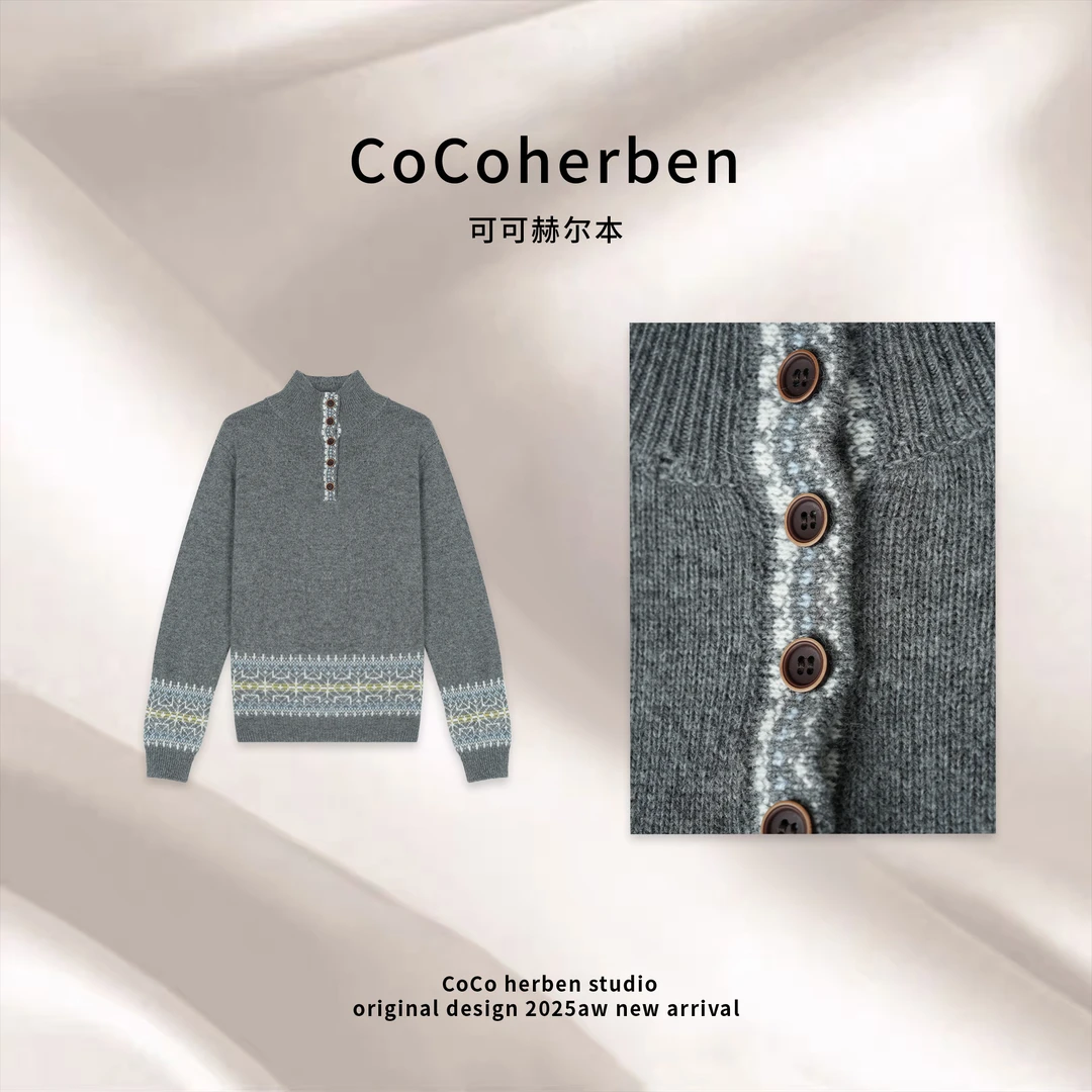 CocoHerben【云绒絮语】糯叽叽定位钩花立领羊毛衫HBZ152