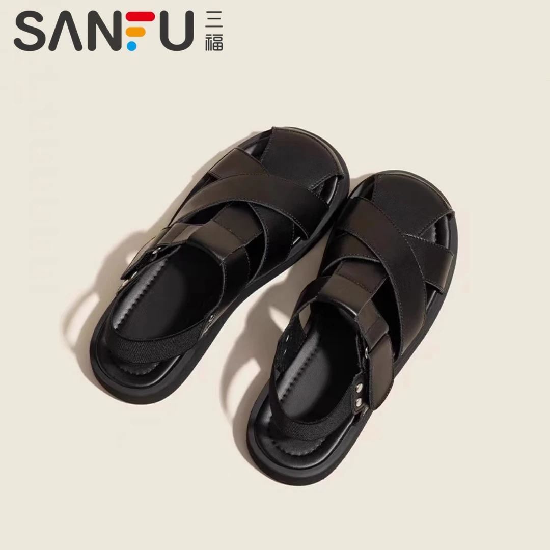 三福2025年夏季新款镂空编织猪笼罗马凉鞋女设计感小众魔术贴百搭