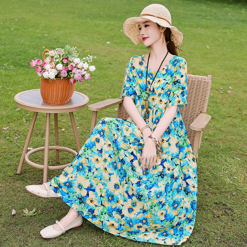 夏季年轻款新款棉绸连衣裙气质优雅妈妈短袖薄款沙滩裙