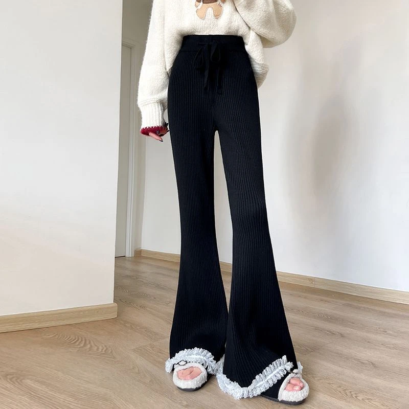 软糯坑条花边针织微喇裤子女秋冬高腰绑带加厚蕾丝拼接显瘦休闲裤