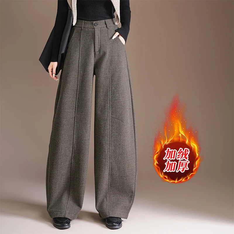 正品2025冬季加绒时尚阔腿弯刀裤女高腰宽松休闲毛呢西装拖地裤子