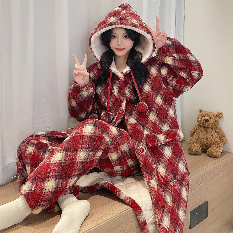 三层夹棉加绒加厚睡袍女保暖2025冬季珊瑚绒连帽睡衣家居服套装