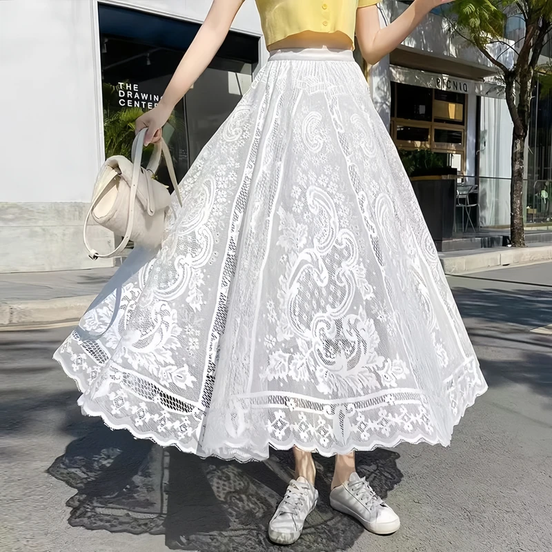 【D6】【锦伊】超仙半身裙中长款钩花蕾丝宫廷风时尚超大摆遮胯网纱裙