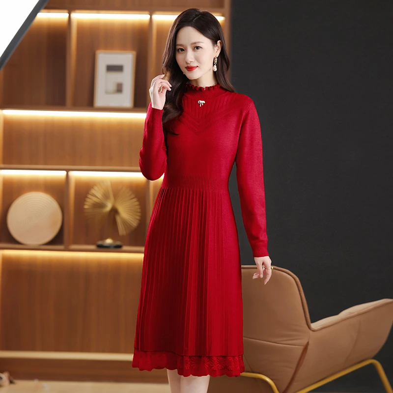 蕾丝拼接连衣裙长袖秋冬修身A字裙气质妈妈配大衣木耳领洋气裙子