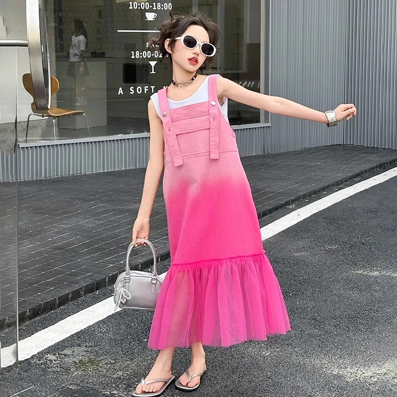 粉色渐变牛仔拼接网纱背带裙套装2025夏装多巴胺女童懒惰风连衣裙
