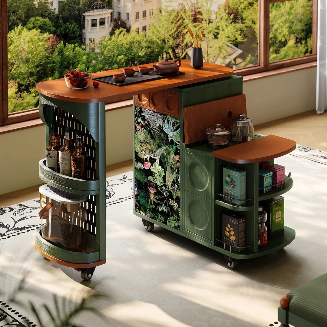 木子鱼 法式复古中古风可移动茶台旋转茶桌实木移动边柜万向轮