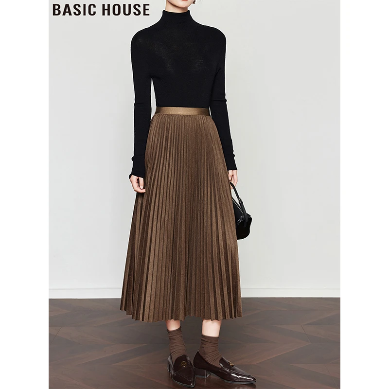 Basic House/百家好复古丝绒百褶半身裙高腰垂感A字伞裙女士秋冬