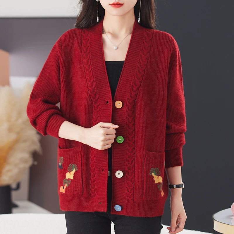 毛衣开衫女春秋新款大码女装上衣显瘦遮肚洋气中年妈妈装针织外套