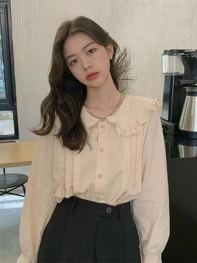 法式白色娃娃领衬衫女早秋季设计感小众衬衣小衫别致长袖薄款上衣