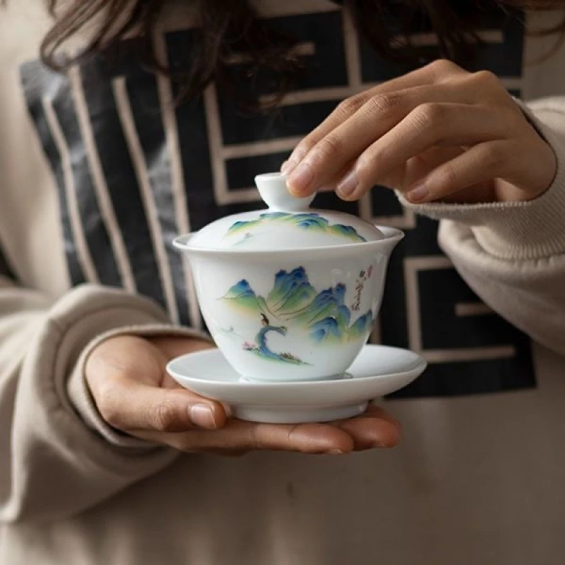 只此青绿千里江山白瓷三才盖碗