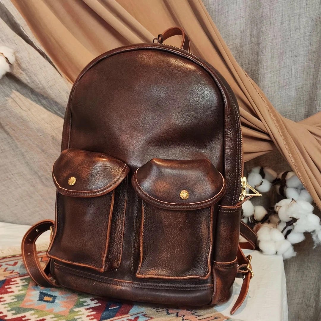 经典背包做旧纯牛皮双肩背复古皮具机车