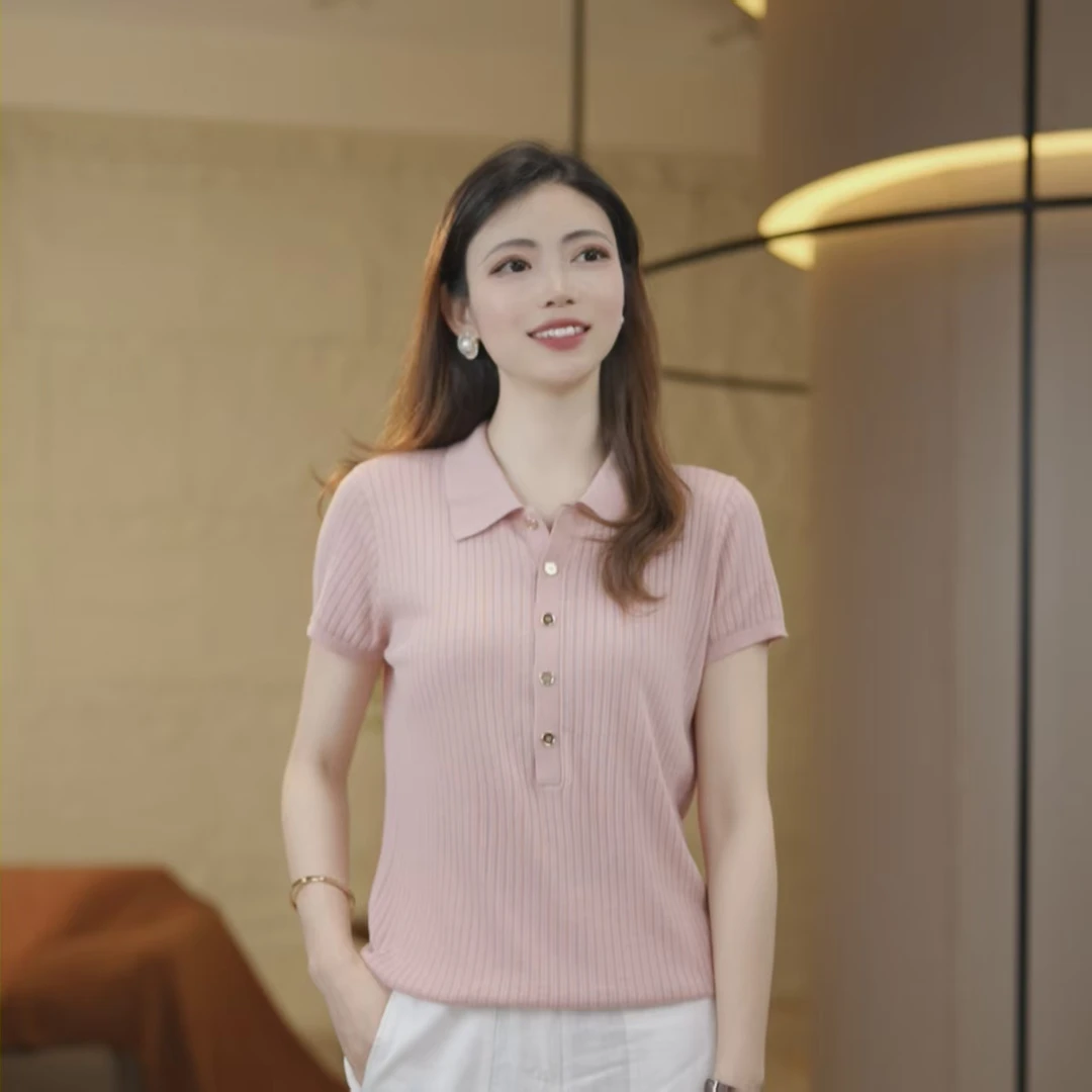 冰凉~透气新款[含桑蚕丝+天丝]方领显瘦气质短袖女针织上衣8695