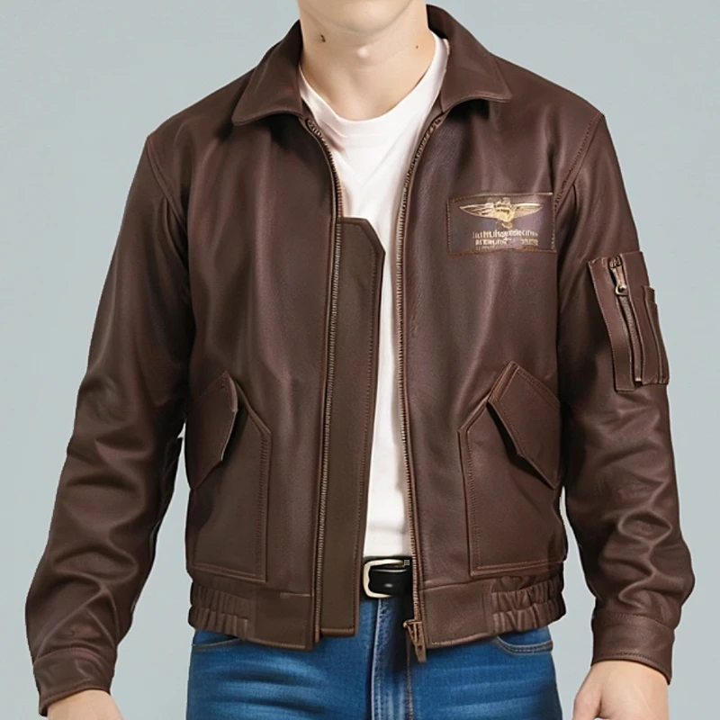 美式复古男士翻领皮衣45P真皮外套 头层软厚牛皮飞行员服皮夹克男