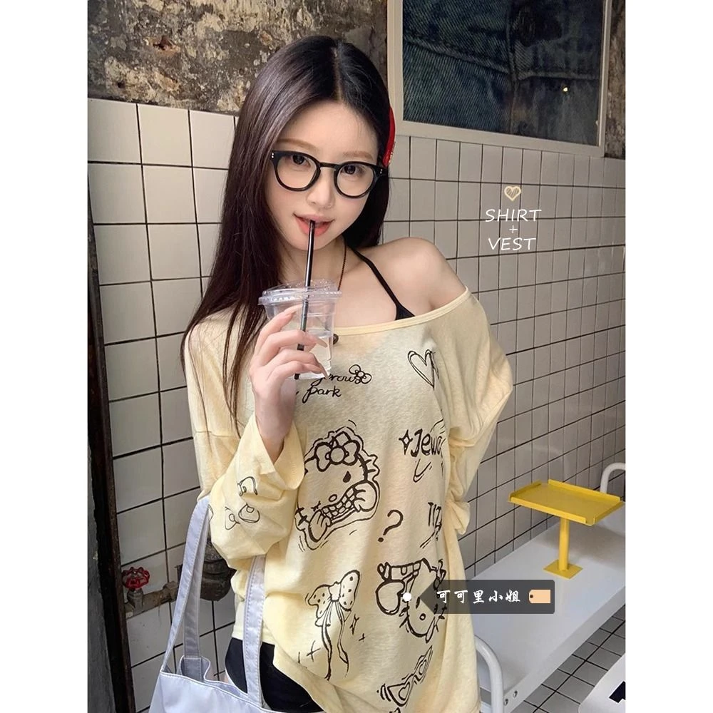 C串串MR【竹节条纹】薄款卡通印花防晒长袖女宽松慵懒风小心机罩