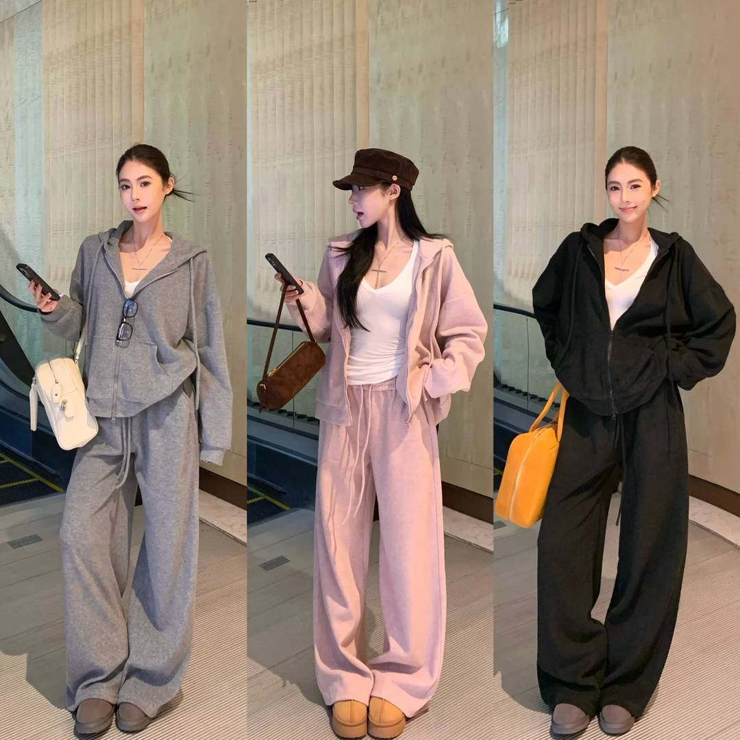 休闲风时尚套装毛圈卫衣百搭休闲裤连帽外套慵懒舒适区糯米套装