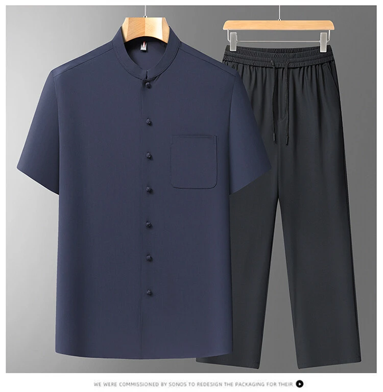 【冰丝衬衣两件套】宽松爸爸装夏季套装短袖中老年男装大码休闲衣服