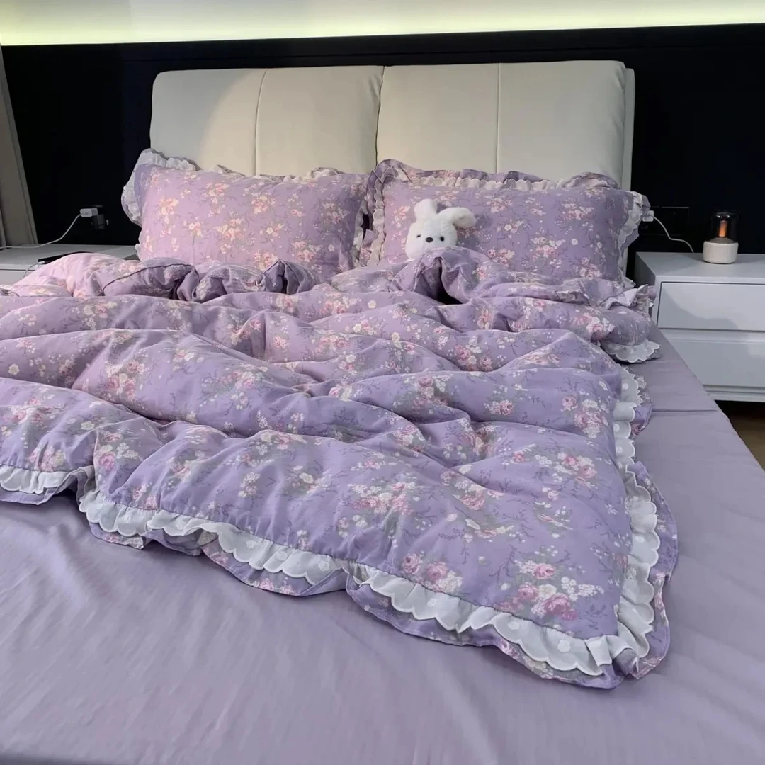 韩式花边款双层纱四件套纯棉母婴A类全棉套件印花公主风床上用品