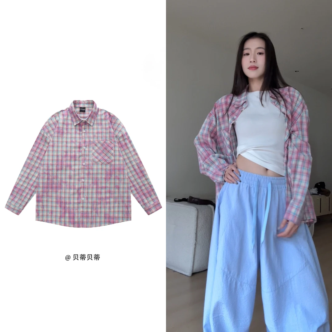 美式嘻哈撞色拼接格纹衬衫女潮高级慵懒风chic感宽松休闲衬衣外套