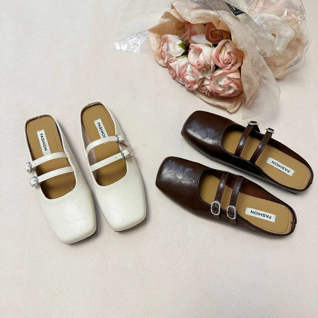 玛丽珍包头半托鞋女鞋子2025新款春夏季法式低跟皮带扣方头半拖鞋