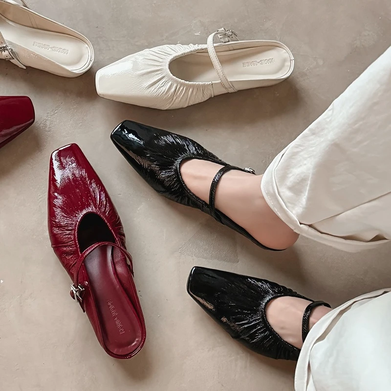 【唐唐家】法式褶皱羊皮包头半拖鞋女外穿一字扣方头内增高懒人拖