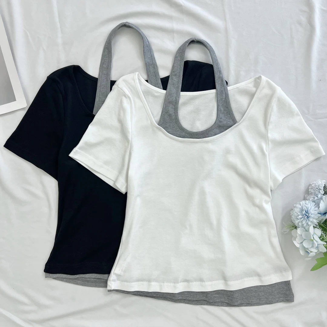 【叶子服饰】夏季新款通勤显瘦设计感U型领挂脖拼接短袖23506