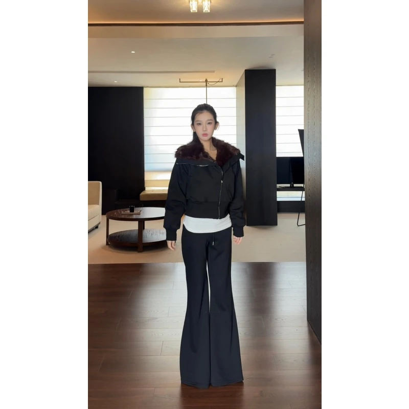 LELEPENG 冬季保暖时尚翻领毛毛加厚卫衣短外套裤子两件套2525287