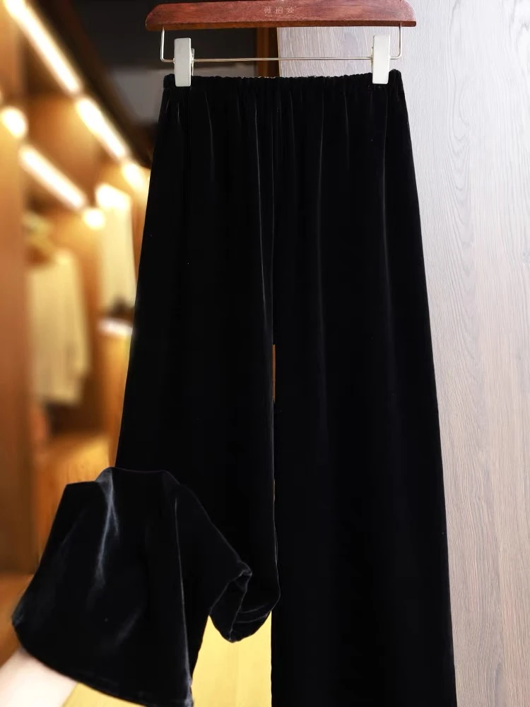 100%桑蚕丝丝绒直筒裤拖地时尚百搭宽松气质显瘦松紧腰垂感001