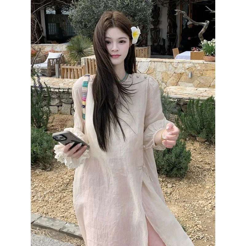 度假风宽松叠穿长袖连衣裙内搭半身裙2025夏季新款时尚两件套女潮