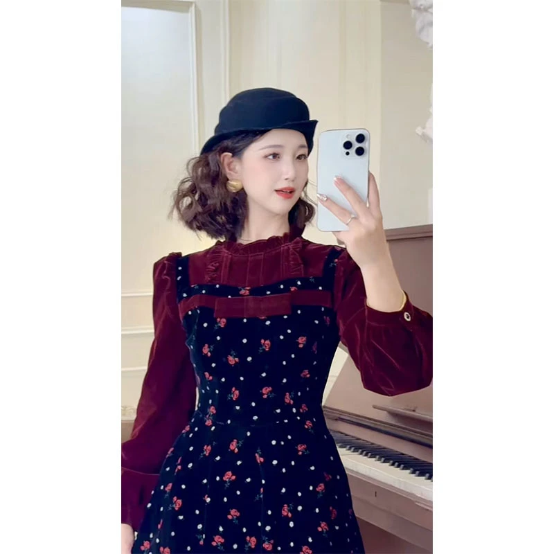 LAOXIAO『勒斯酒庄』法式轻奢小个子气质秋冬修身长袖甜美连衣裙375