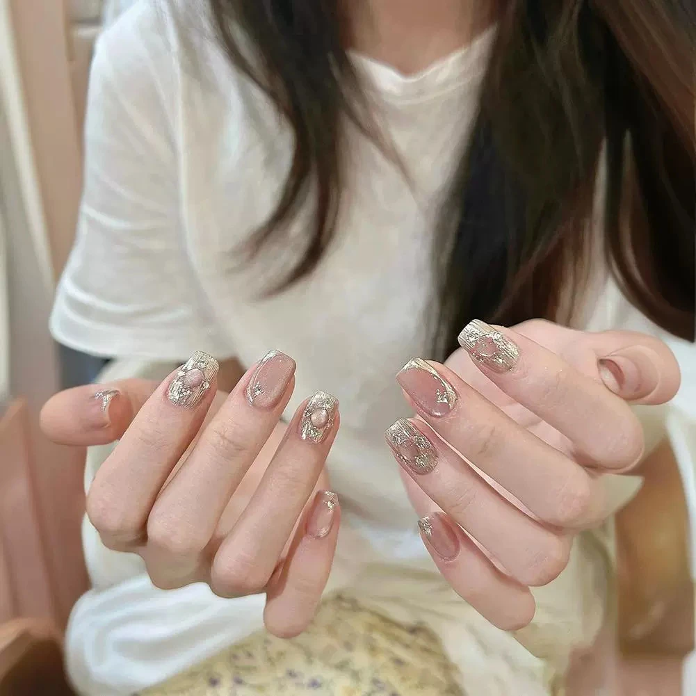 【玉露】手工穿戴甲拉提粉晶石猫眼魔镜粉爆闪温柔美甲贴