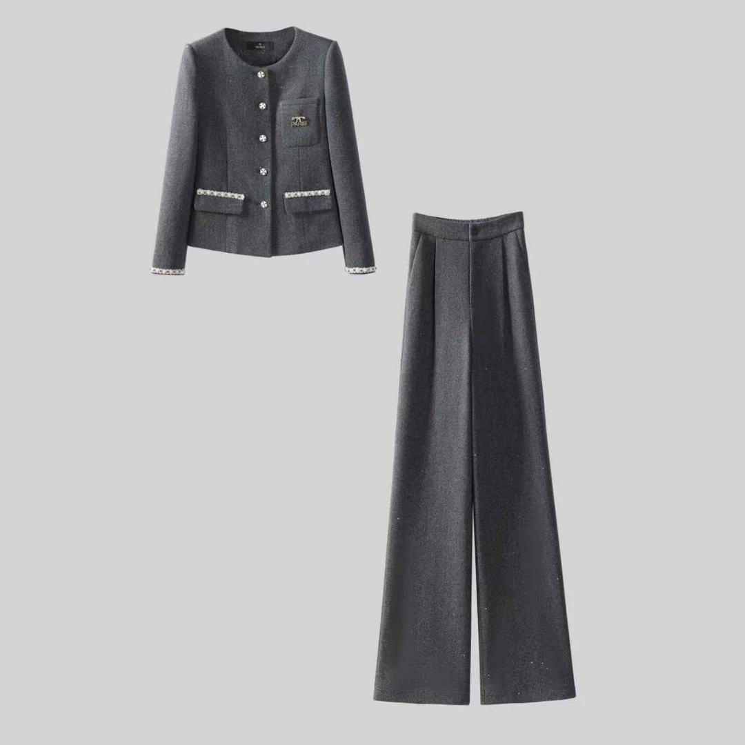〈纪朵研〉H581秋冬新款时尚气质法式小香风洋气外套裤子两件套