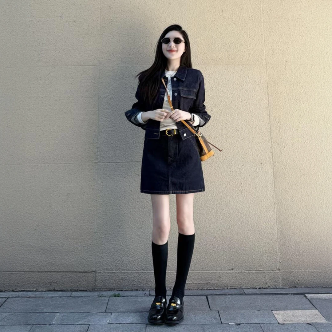 复古时髦原牛深蓝牛仔外套小个子高端夹克上衣a字半身裙两件套女
