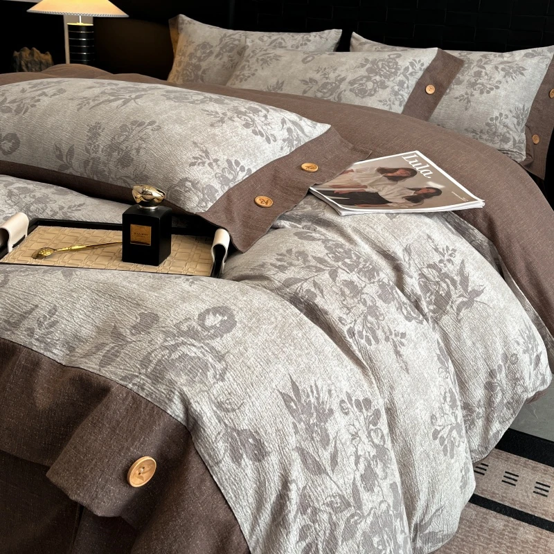 A类复古风棉麻床上四件套纽扣被套高级感轻奢卧室被套罩床单床品