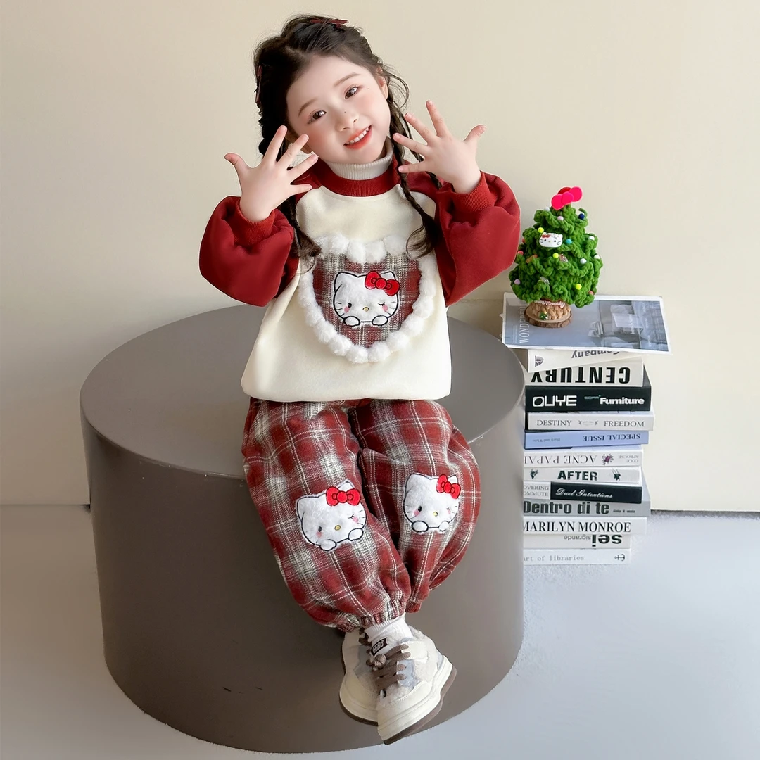 女童猫咪加绒套装秋冬季2025新款儿童洋气卫衣两件套宝宝保暖衣服