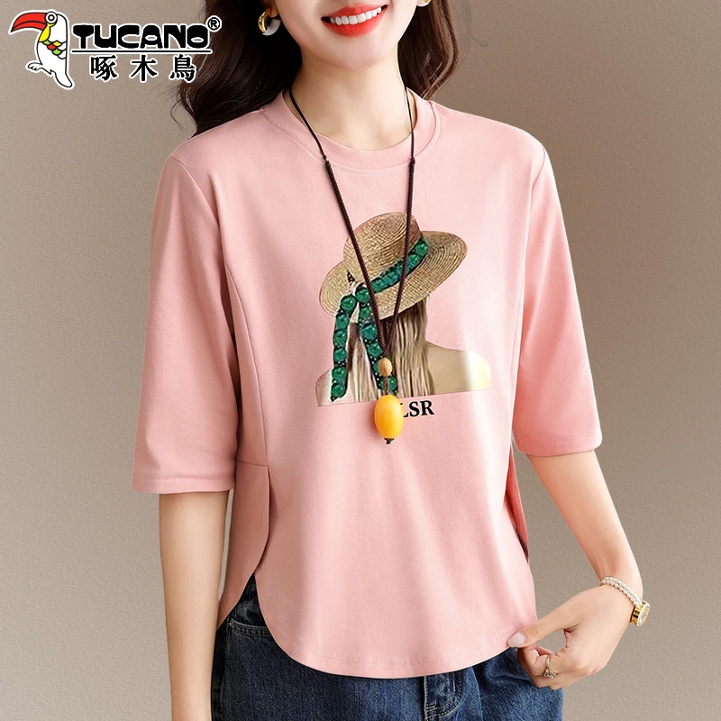 啄木鸟棉短袖t恤女夏季2025新款洋气妈妈夏装女士七分袖上衣