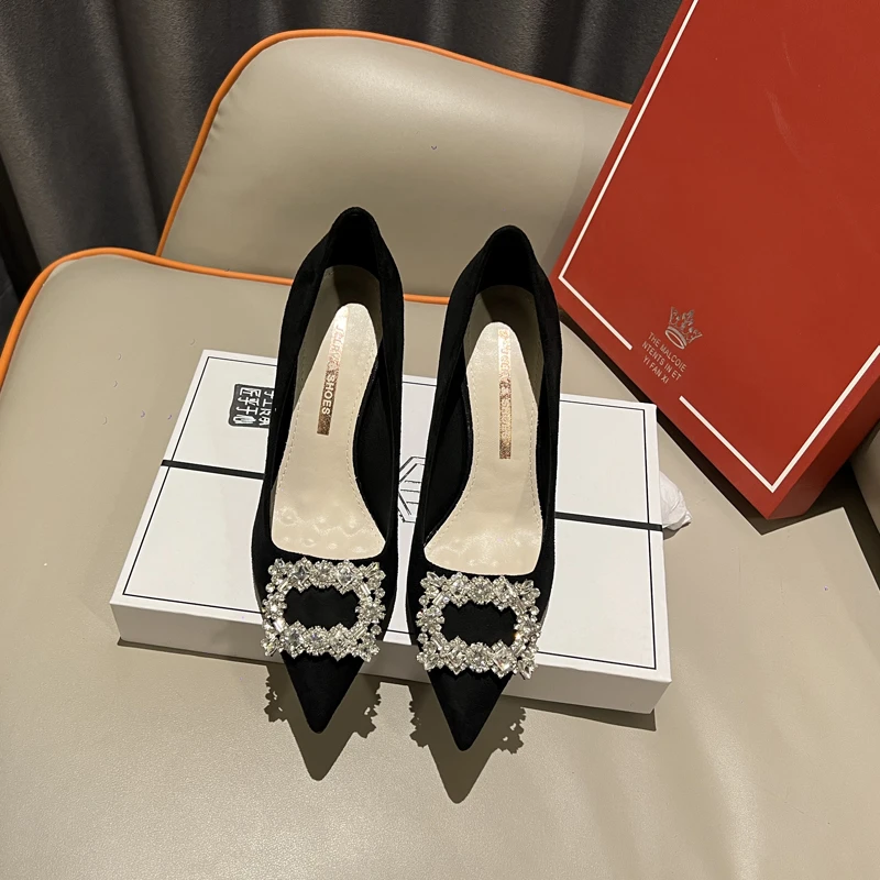 2025新款法式方扣水晶钻单鞋高跟鞋女气质细跟浅口单鞋DX-105