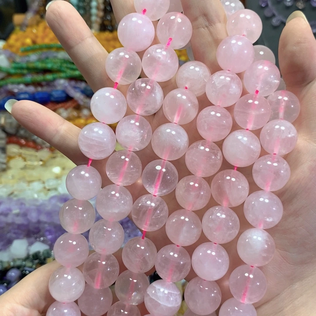 玛瑙/玉髓足银镀金镶嵌珠宝半成品粉晶一条卡16mm