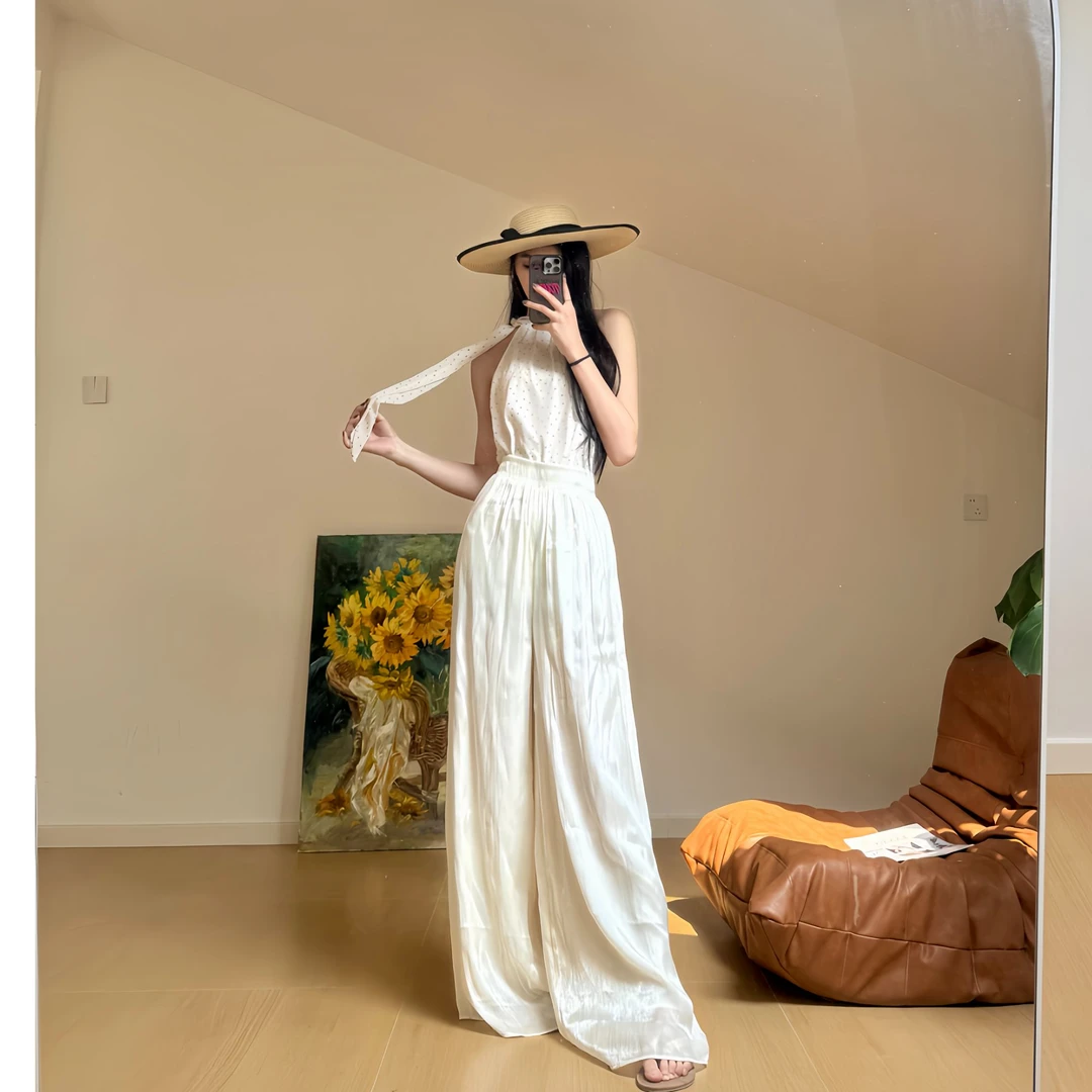 猫猫家加长女裤夏季设计感松紧腰AW//9135珠光裙裤