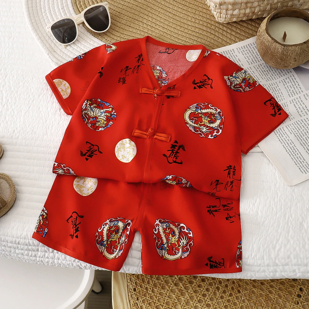 夏季男童短袖套装薄款家居服0-3岁宝宝棉绸空调服睡衣中式童套装