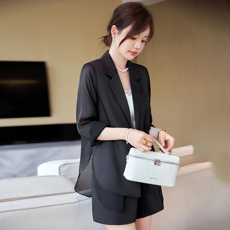 西装短裤套装女夏季小个子穿搭高级感雪纺长袖西服外套薄款防晒衣