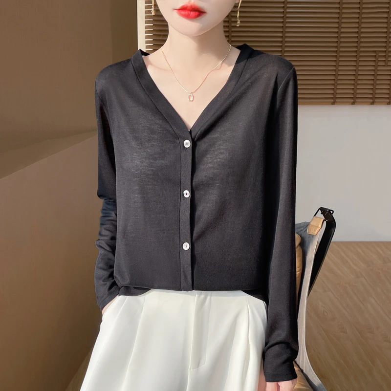 2025春夏新款针织长袖外搭开衫V领纯色百搭薄款防晒罩衫纯色简约