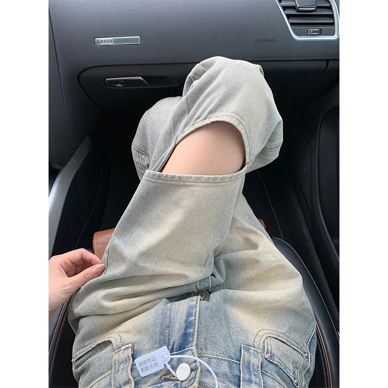 美式复古镂空破洞牛仔裤女春夏宽松渐变休闲直阔腿筒拖地裤子闪钻