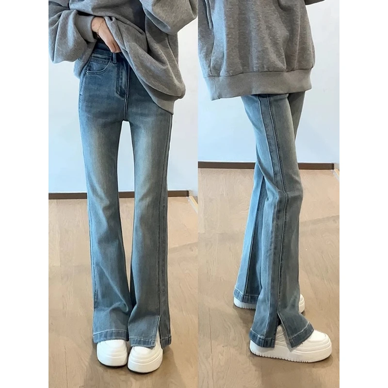 2025年新款秋季开叉高腰微喇牛仔裤女大码胖mm显瘦裤子弹力喇叭裤