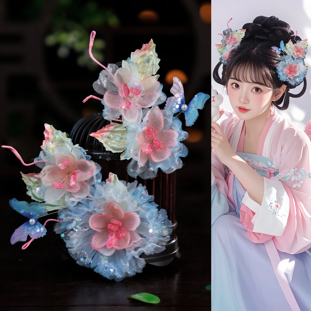 古风渐变绢纱烫花花朵蓝粉撞色亮片蝴蝶发夹头饰仙气甜美对夹发饰