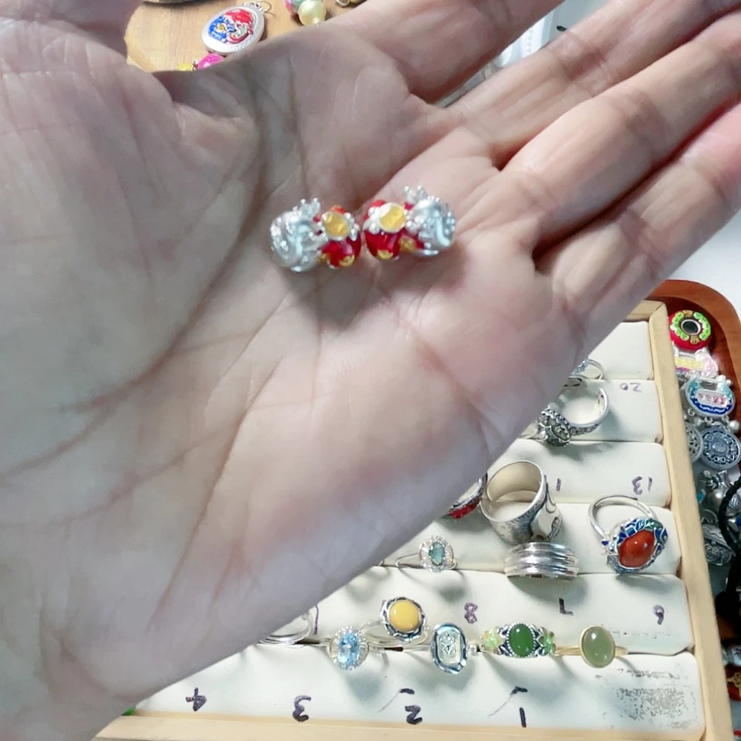 珐琅吊坠足银红皮休