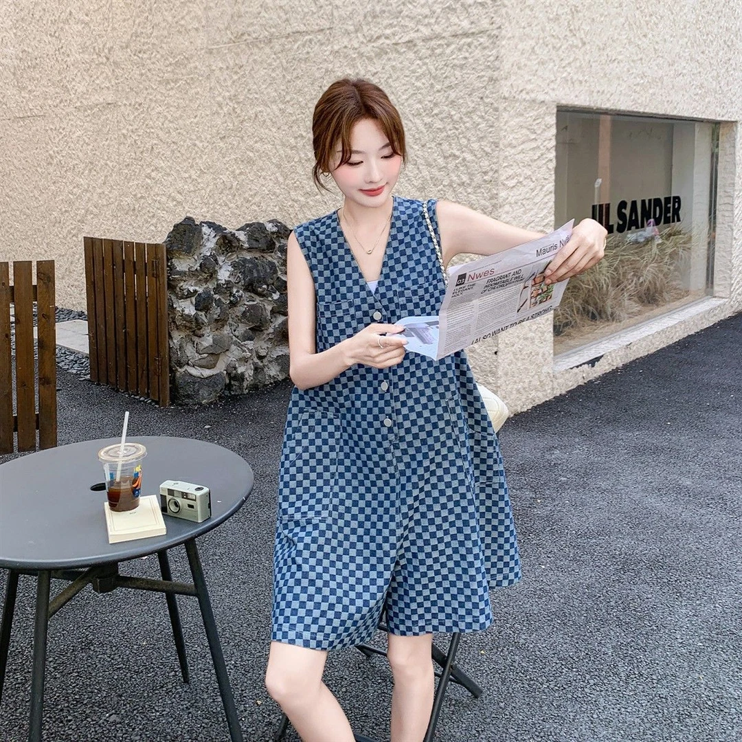 蓝色棋盘格牛仔背带裤女夏2025新款韩版高腰时尚设计感阔腿连身裤